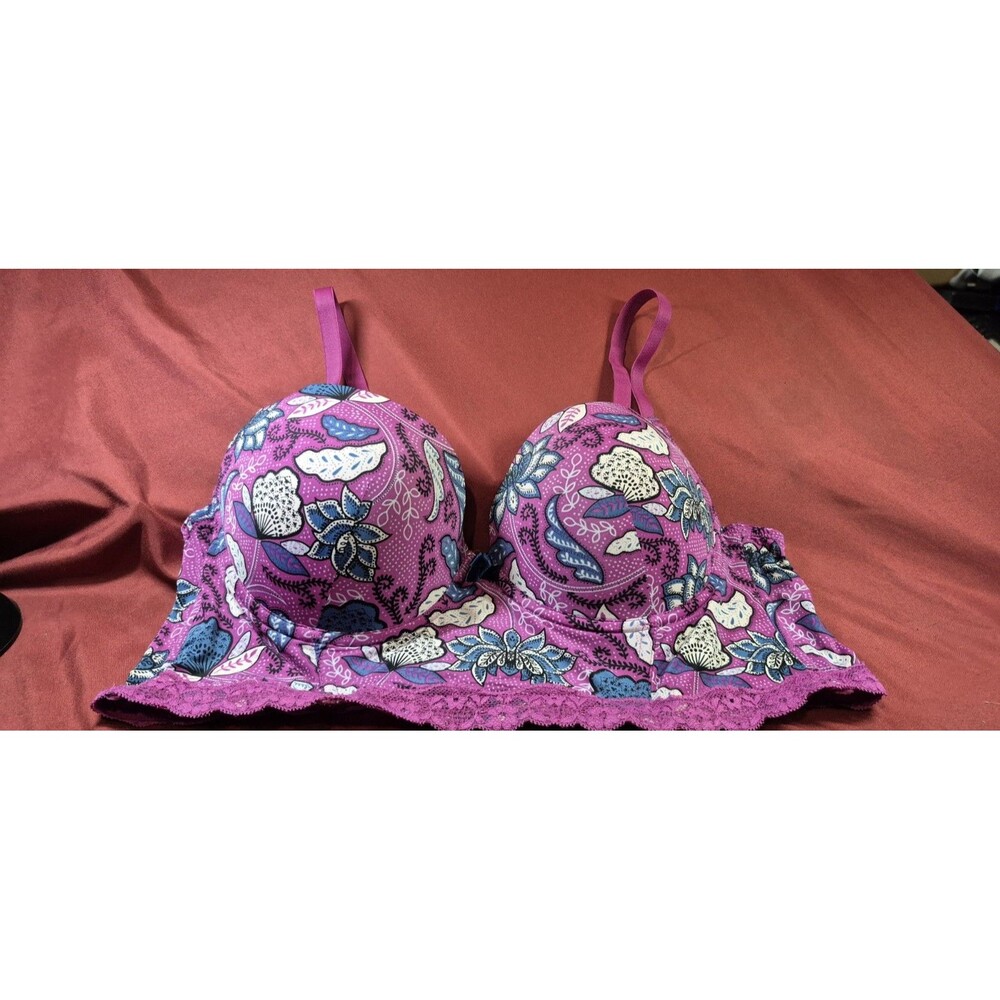 Adore Me Longline Balconette Bra [SIZE] Purple Blue Floral Lace Trim Mesh EUC